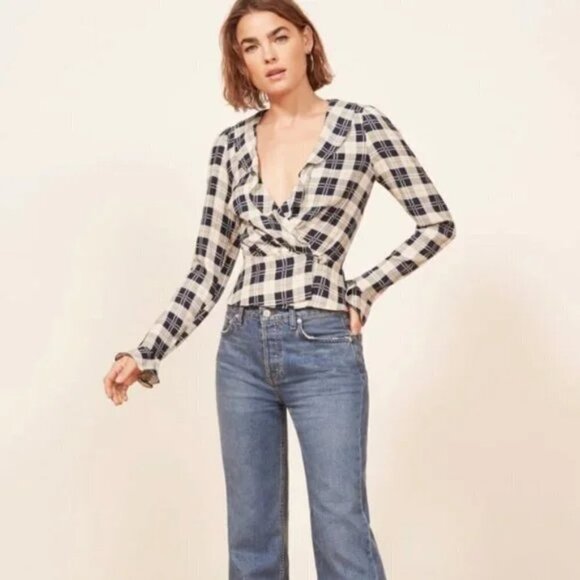 Reformation Lee Top Navy Tartan Plaid Wrap Blouse - Picture 6 of 13